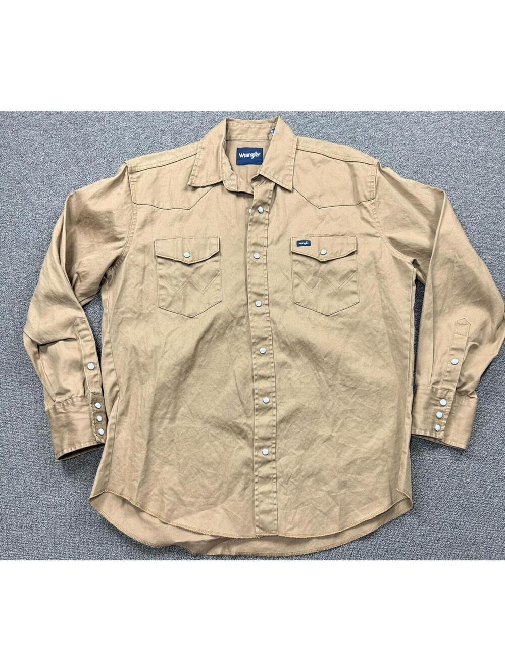 VTG Wrangler Brushpopper Men's L Tan Long Sleeve Pearl Snap Western Rodeo Cowboy